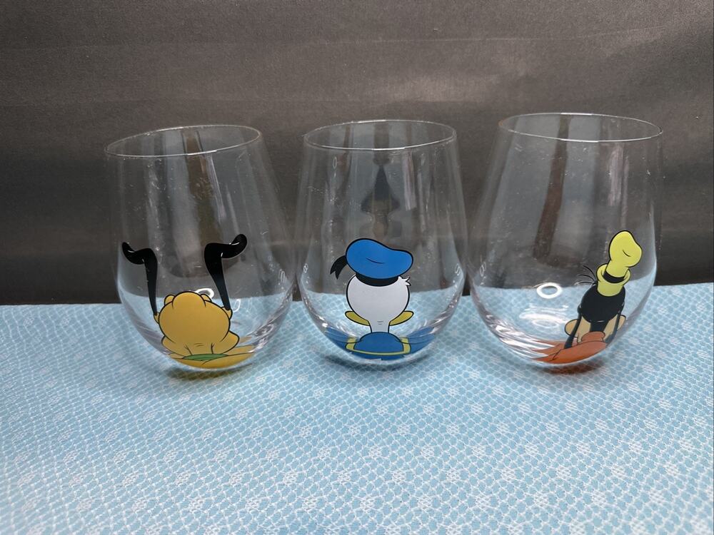 3 Disney Collectible Stemless Wine Glasses Joyjolt 15oz.Donald Duck,Goofy &Pluto